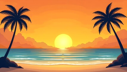 Tropical Sunset with Palm Tree Silhouettes