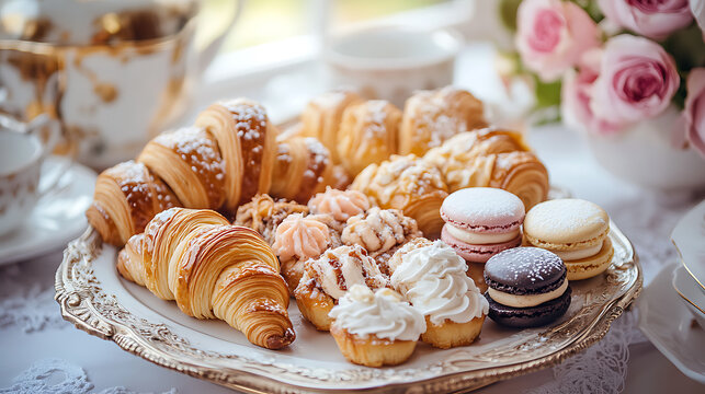 Elegant Platter of Pastries with Croissants, Macarons, and Cream Puffs