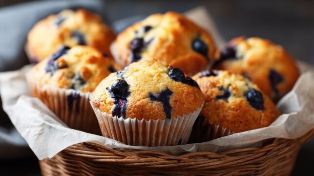 Freshly baked blueberry muffins with golden crumb and scattered berries in a basket served on parchment paper for breakfast snack or bakery display