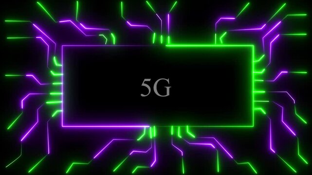 5G glowing neon text concept.5G networking chip icon futuristic neon circuit board animated flat style Processor chips background.