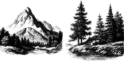 Engraved mountain peaks and forest landscape illustration for nature-themed designs