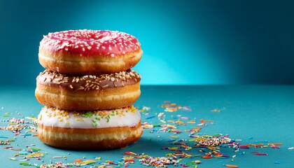 stacked glazed doughnuts with sprinkles and copy space