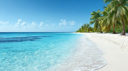 Fototapeta premium Pristine beach scene with turquoise water and palm trees.