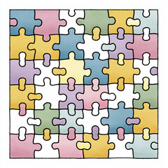 Colorful puzzle pieces arranged in a joyful pattern on a white background