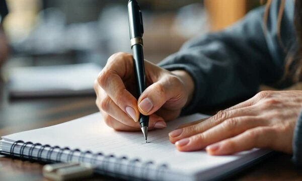 Close-up of Woman's Hands Writing in Spiral Notebook