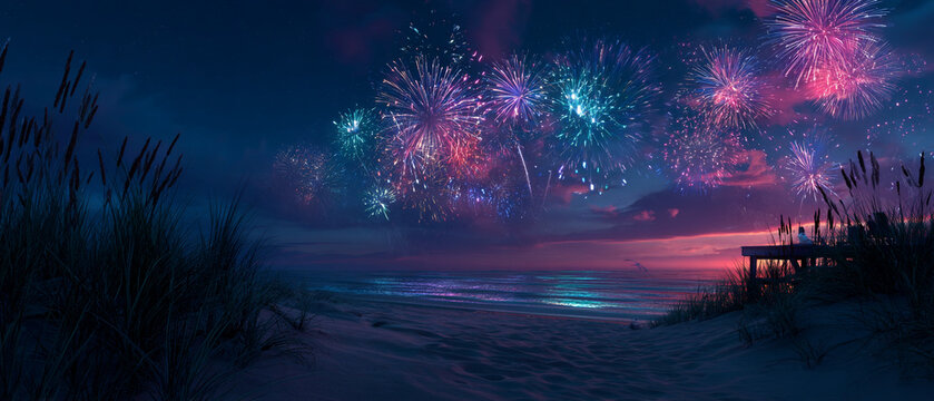 Spectacular night fireworks display over serene beach landscape sky sand on transparent background
