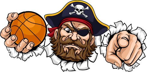 A Pirate man holding Basketball ball and pointing sports team cartoon charcater mascot illustration. © Christos Georghiou