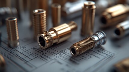 An assortment of metallic components rests on engineering blueprints, representing precision in design and the intricate connections of mechanical innovation.