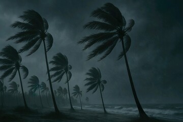 Stormy Coastline with Swaying Palm Trees