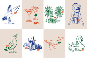 La Dolce Vita doodles. Minimal sketch style travel vector illustration set. Art for postcards, branding, logo design, greeting cards, menu, wedding invitations.