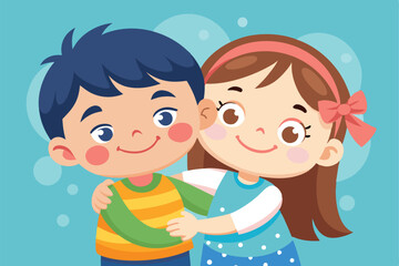 Cartoon Illustration of a Boy and Girl Hugging with Affection