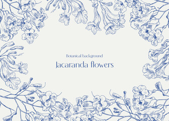 Toile art Vector vintage floral background Jacaranda tree flowers, flowering frame in blue and beige. Hand drawn engraved elements. Illustration for design greeting card, wedding decor. Monochrome
