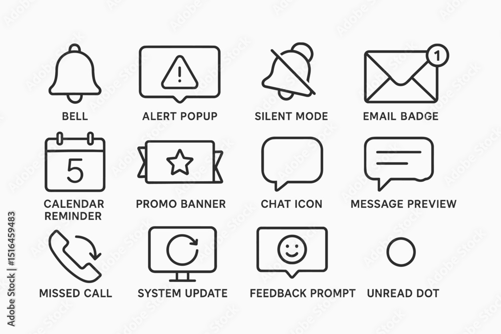Poster essential notification and alert icons for digital interfaces