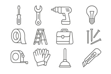Obraz premium Monochrome tool icons: wrench, drill, ladder, tape, bulb, case, nails, gloves, plunger, knife