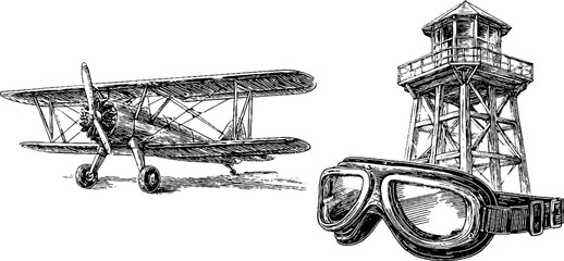 Vintage aviation theme with old warplane, pilot goggles, and watchtower illustration