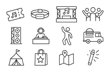 Music festival outline icons: tickets, dj, stage, and food truck