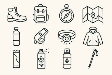 Fototapeta premium Outdoor adventure essentials: gear icons including backpack, compass, and boots