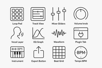 Music production icons: loop pad, track view, mixer sliders, volume knob, eq graph