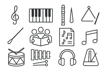 Fototapeta premium Music education symbols: instruments, notes, and tools on grayscale background