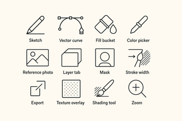 Fototapeta premium Digital design icons: sketch, vector curve, fill bucket, color picker, and more