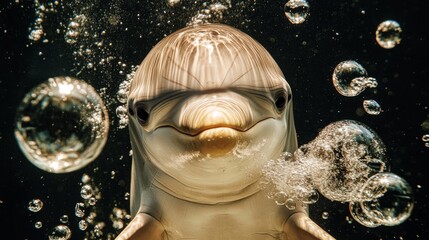 A baby dolphin is blowing bubbles in the water