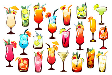 Set of cocktails. Summer, refreshing drinks. Mai Tai, Mojito, Paloma, Tequila Sunrise and others. Vector illustration.