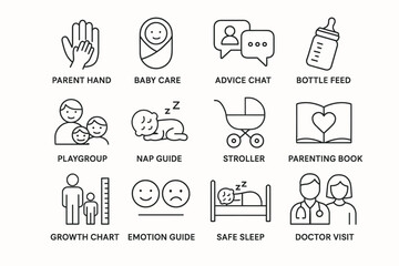 Simple parenting icons: child care, growth, and health symbols