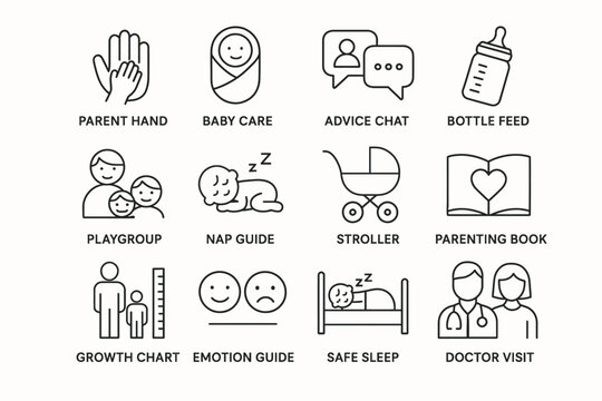 Simple parenting icons: child care, growth, and health symbols