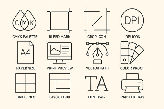 Printing icons set with cmyk palette, crop, dpi, color proof, and printer tray