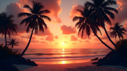 Silhouettes of Palm Trees Under Vibrant Sunset Skies