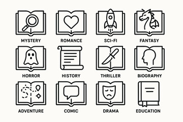 Icons representing various book genres including mystery and fantasy