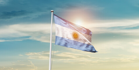 Argentina national flag waving in the sky with mast.