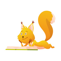Animal reading book and studying, cute baby squirrel. Kid character reading book. Cartoon symbol for school education and library. Vector illustration for children