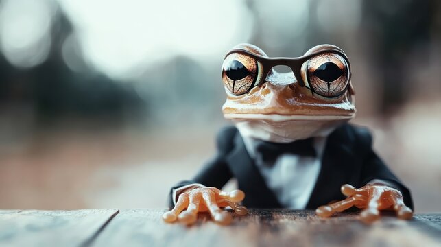 A whimsical frog character, dressed in a tuxedo with stylish glasses, presents a humorous and imaginative depiction of sophistication and personality in a playful setting.