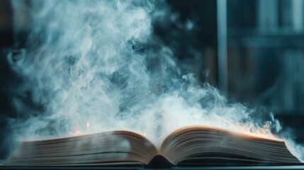 An open book surrounded by enigmatic smoke creates an alluring atmosphere, suggesting secrets and untold stories waiting to be discovered within its pages.