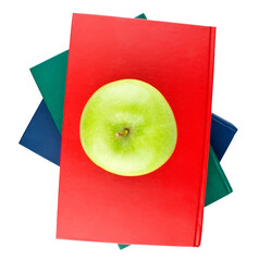 Stack of books and apple isolated on transparent background. Top view. PNG format
