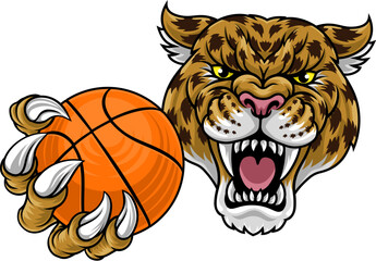 A jaguar, panther, leopard or cheetah wildcat spotted cat basketball sports team mascot holding a ball