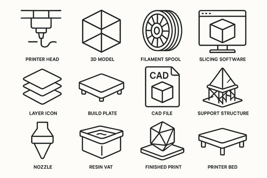 3d printing essentials: tools and components overview in line icons