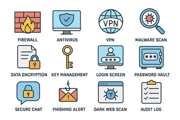 Cybersecurity icons: firewall, antivirus, vpn, malware scan, data encryption, key management