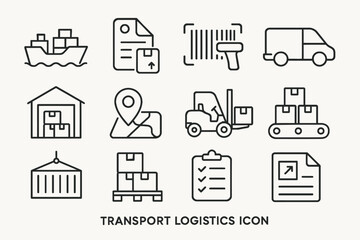 Transport logistics icons: shipping, delivery, warehouse, barcode, forklift symbols