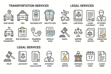 Comprehensive icons for transportation and legal services