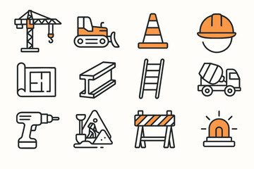 Construction icon set: crane, bulldozer, helmet, drill, ladder, blueprint