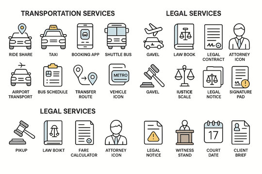 Comprehensive icons for transportation and legal services
