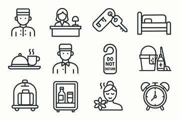 Hotel icon set: concierge, receptionist, room key, bed, and amenities symbols