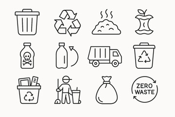 Minimalist waste management icons for recycling and zero waste awareness
