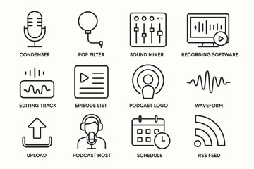 Podcast production elements: editing tools and hosting setup icons