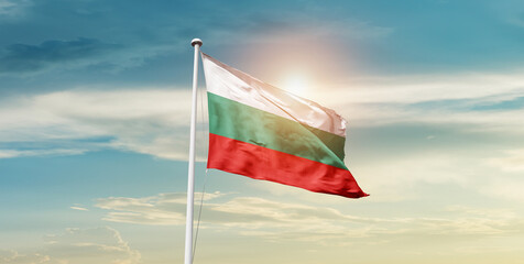 Bulgaria national flag waving in the sky with mast. 