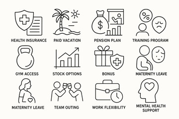 Employee benefits icons including health insurance, paid vacation, gym access, maternity leave, and mental health support