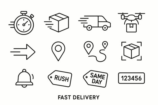 Fast delivery icons: stopwatch, package, van, drone, and location symbols