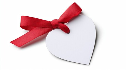 Heart shaped paper tag with ribbon on isolated white background.